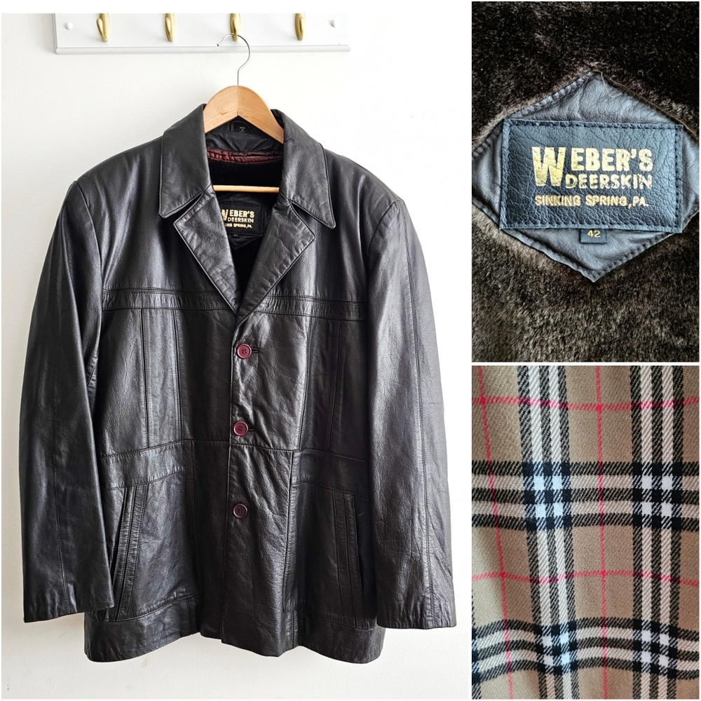 Weber’s Deerskin Genuine Leather Brown Jacket Mens 42 Removable Plaid Lined Vest